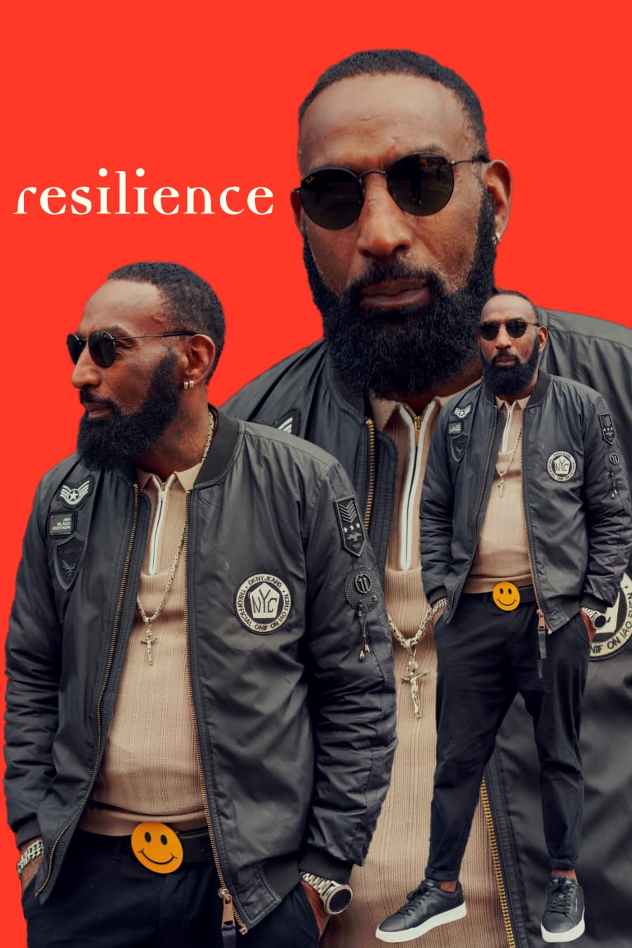 Editorial poster of a man in a bomber jacket, triple exposure on a bold red background with the word resilience